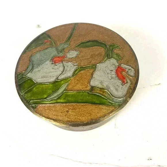 VTG Small Brass Trinket Dish Painted Gold and Floral Lid and Enamel - Picture 1 of 10